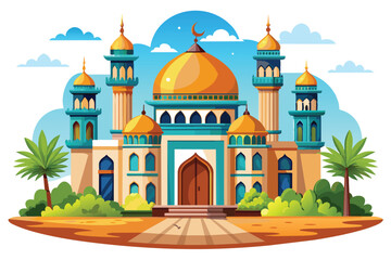 Islamic cartoon design, mosque illustration with beautiful cloud and sun view