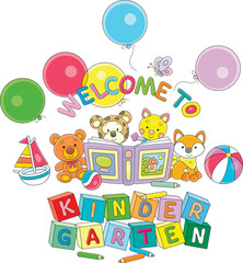 Naklejka premium Welcome to kindergarten card with funny cartoony baby animals reading a book of fairy tales, colorful bricks with letters, color pencils, toys and holiday balloons, vector cartoon illustration
