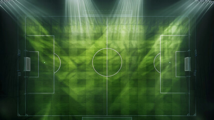 Fototapeta premium A floodlit soccer field at night viewed from above, showcasing the meticulously maintained green pitch with clear markings, ready for an intense match.