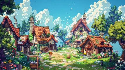 Fototapeta premium illustration of a small cute village in pixel art style