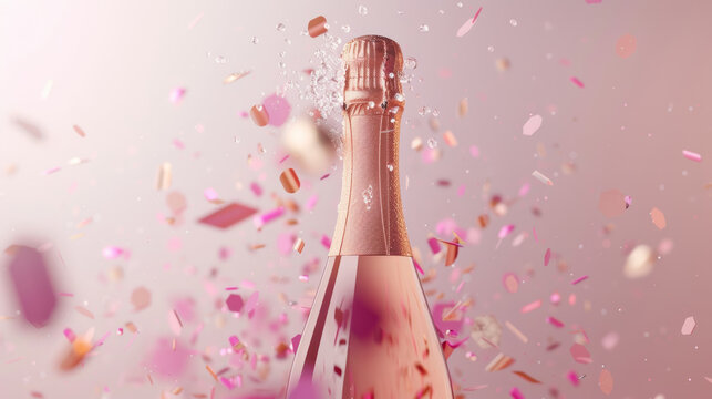 A bottle of pink champagne surrounded by pink confetti and bubbles, perfectly capturing a jubilant celebration moment.