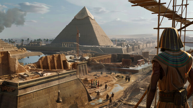 Majestic view of an ancient Egyptian Pharaoh overseeing the construction of the Great Pyramid with workers diligently building around the site.