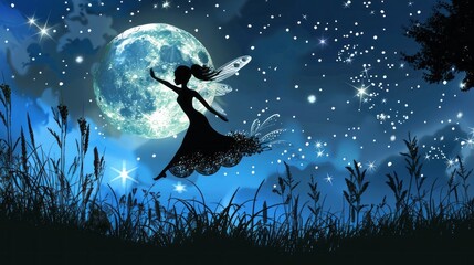 Flying fairy silhouette in night sky