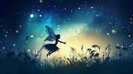 Naklejka premium Flying fairy silhouette in night sky