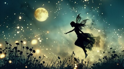 Flying fairy silhouette in night sky