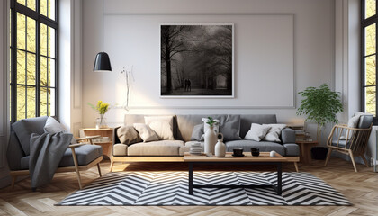 Obraz premium Monochrome living room with wood and grey tiling