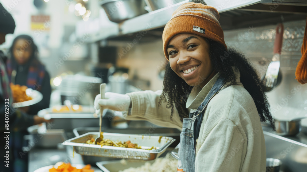 Wall mural A cheerful young woman serves food in a community kitchen, her bright smile reflecting the joy of helping others in a warm-hearted environment.