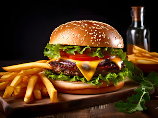 food photography style, burger and fries, plate, table, rustic restaurant, appetizing, professional, culinary, high-resolution, commercial, highly detailed. AI generated. 
