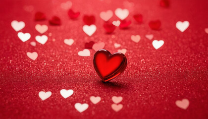Obraz premium A red heart sits on a sparkling red surface surrounded by scattered hearts