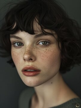 portrait en gros plan d'une jeune femme brune avec une coupe au carr&Atilde;&copy; court, fond studio neutre. hyper realistic 