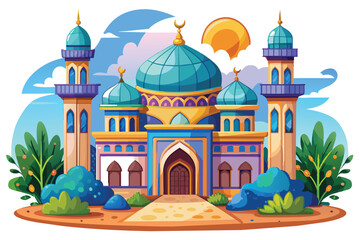 Islamic cartoon design, mosque illustration with beautiful cloud and sun view