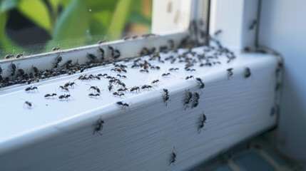 A large group of ants inspeing a windowsill in a home, emphasizing their organized trail and busy nature.