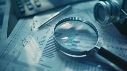 A magnifying glass highlighting a graph on financial documents, surrounded by a pen and calculator, symbolizing thorough financial investigation and analytics.