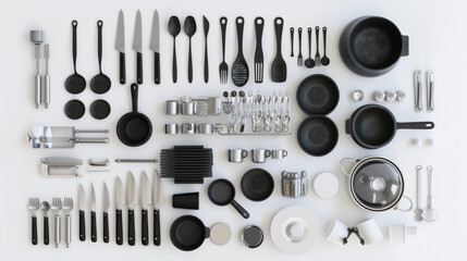 A neatly arranged set of black and silver kitchen utensils and cookware, perfectly aligned on a white background, showcasing an array of culinary tools. - Powered by Adobe