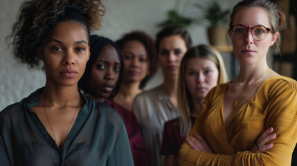 A diverse group of women stands together, exuding strength, solidarity, and empowerment in an emotionally charged portrait.
