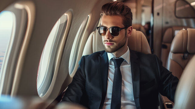 A stylish man in a suit and sunglasses sits inside a luxurious private jet, exuding sophistication and confidence as he looks out the window.