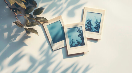 Close-up of three vintage Polaroid photos with plant shadows on a light background, creating a nostalgic and artistic atmosphere.