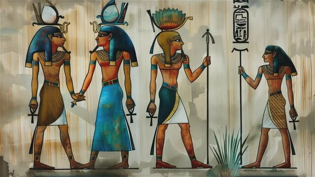 Animated Egyptian gods in a row, hieroglyphs on aged papyrus backdrop