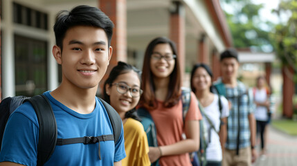 copy space, stockphoto, some asian college students in front of a school building. Back to school theme, friends meeting again after holidays.