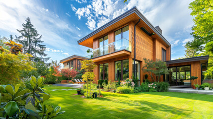 A modern multi-story wooden house surrounded by lush greenery on a bright, sunny day, exuding charm and architectural elegance.