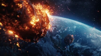 Fototapeta premium Meteor Impact with Earth, fireball Asteroid In Collision with Planet Earth in deep space