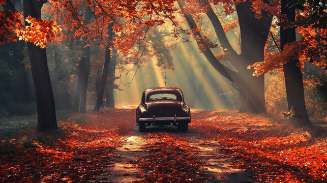 Fototapeta A vintage car driving on dirt road in countryside with colorful Autumn woods