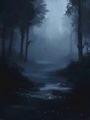 Mystical scene of a winding forest path shrouded in a veil of misty fog,with a tranquil stream reflecting the shadowy silhouettes of the surrounding trees. This moody.
