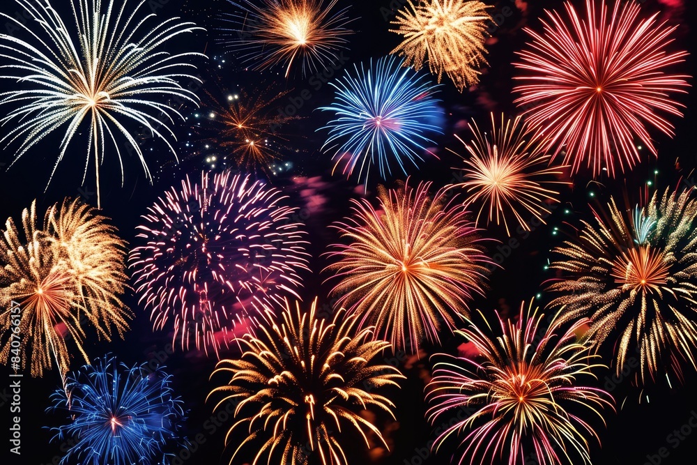 Poster colorful, vibrant fireworks display., vector design featuring a mesmerizing display of fireworks aga
