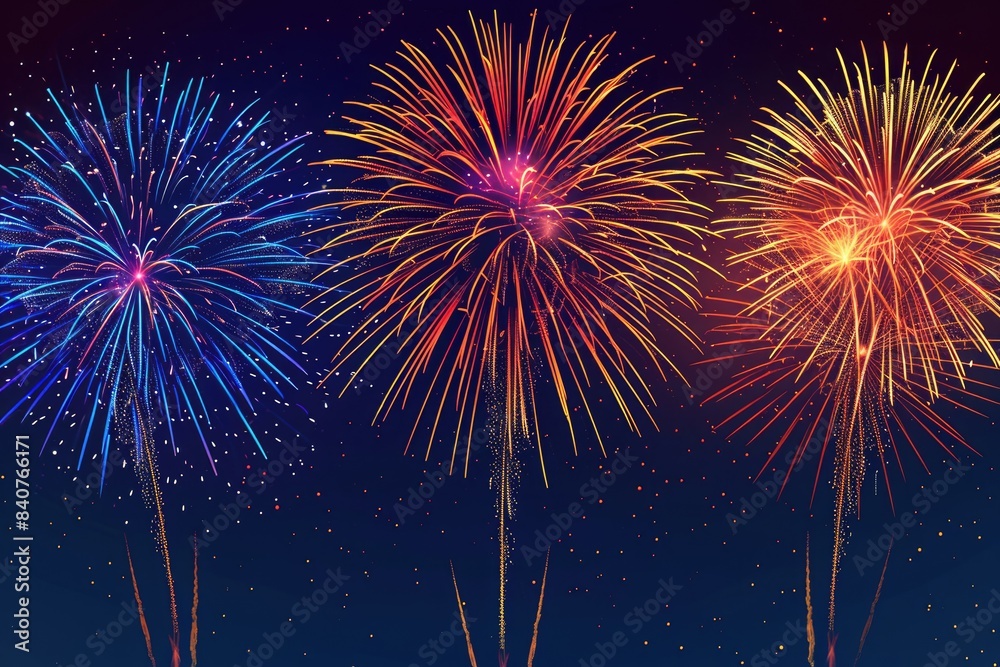 Poster Colorful, vibrant fireworks display., Vector design featuring a mesmerizing display of fireworks against a deep black sky