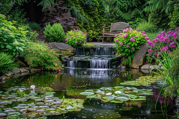 Tranquil Garden Pond with Water Lilies, Waterfall, and Blooming Flowers for Relaxation Design