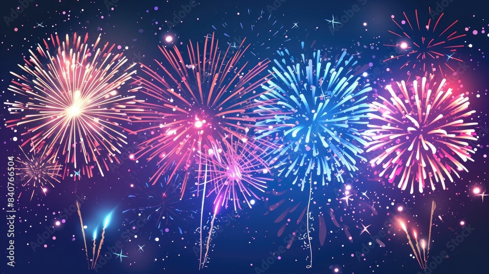 Poster colorful, vibrant fireworks display, vector graphic capturing the magic of fireworks with colorful e