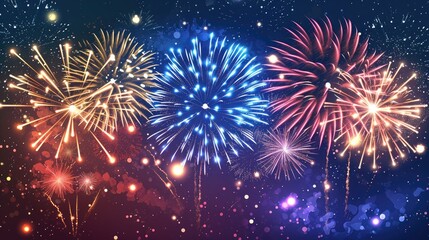 Naklejka premium Colorful, vibrant fireworks display, Vector graphic capturing the magic of fireworks with colorful explosions against the dark night sky