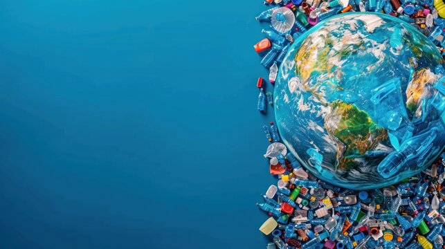 Globe amid plastic debris on blue backdrop