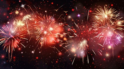 Fototapeta premium Vibrant colorful fireworks display, Vector graphic featuring a breathtaking fireworks show with bursts of light against a black backdrop