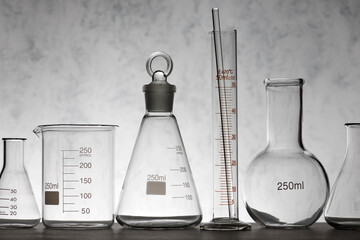 Empty glass flasks placed in a laboratory table