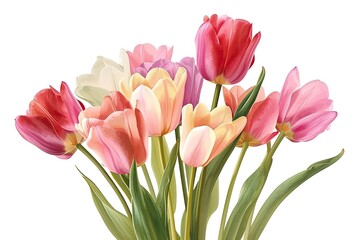 Vibrant, colorful tulips in bloom, Vector graphic of a beautiful Watercolor Tulip Bouquet against a clean white backdrop