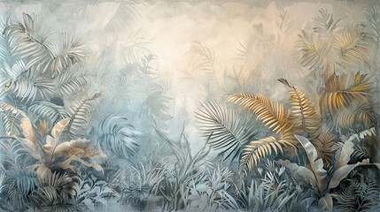 Modern abstract art. Watercolor floral illustration. Golden elements, watercolor painting. Hand drawn plants. Mural wallpaper. AI generated illustration