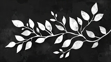 black and white leaves delicately adorning a branch, isolated against a velvety black background, creating a captivating contrast that celebrates the beauty of monochrome minimalism.