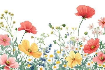 Vibrant, colorful floral arrangement, Vector graphic of a delightful floral arrangement with assorted blooms against a white backdrop