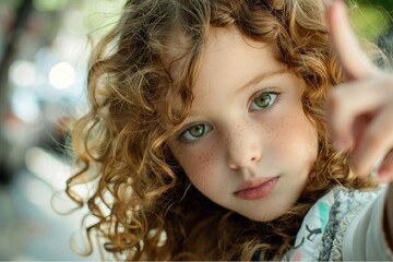 Fototapeta premium Stunning photos in high resolution: a fashionista, with chestnut curls and sly green eyes, points at herself, everyone loves her. Photos that capture the essence of the moment, of a capricious child.