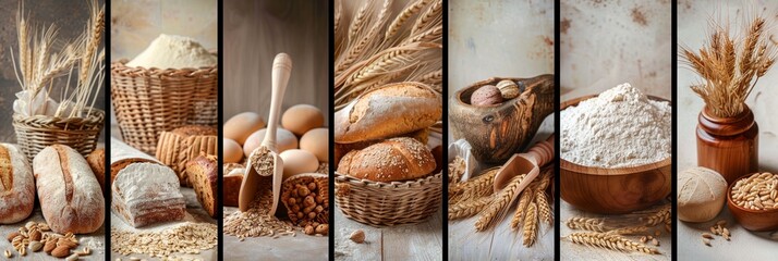 Photo collage of bakery healthy organic studio theme with bread, wheat grain, wheat ear, flour.