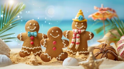 Gingerbread enjoying summer with tropical beach theme cookie friends, vacation concept 