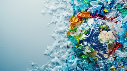 Drowning Earth in plastic waste on a clear blue background