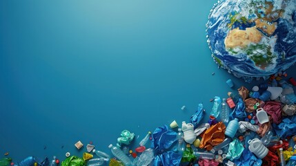 World covered in plastic waste on a blue background