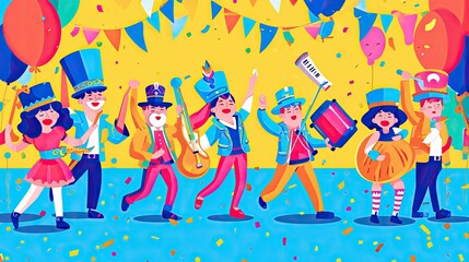Colorful animated partygoers, Vector illustration of a carnival parade with marching bands and cheerful characters