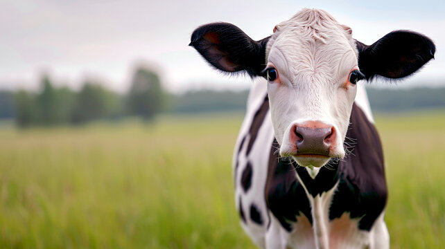 Portrait of cute curious funny cow looking at camera. Cow grazing in a field. Cow eating grass in the meadow