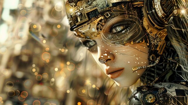 Illustration Abstract portrait of steampunk cyberpunk character. High-tech futuristic man. Ai generated
