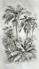 Seamless Border Hand Drawn Black and White Lithography Illustration Retro Style Design. Tropical wallapaper. AI generated illustration