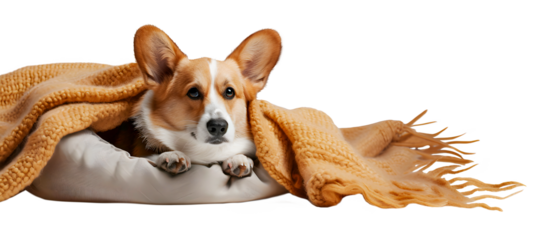 Corgi dog wrapped in blanket isolated on transparent background, pet concept, realistic illustration, generative ai