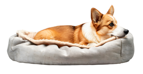 Corgi dog lying in dog bed, isolated on transparent background, pet concept, realistic illustration, generative ai
